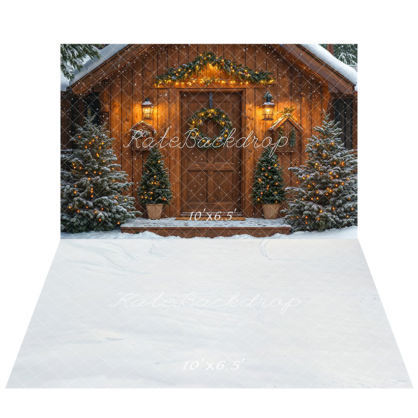 Kate Sapin de Noël Maison Neige Lumière Toile de fond+Hiver Neige Blanc Sol Toile de fond - Kate Backdrop FR