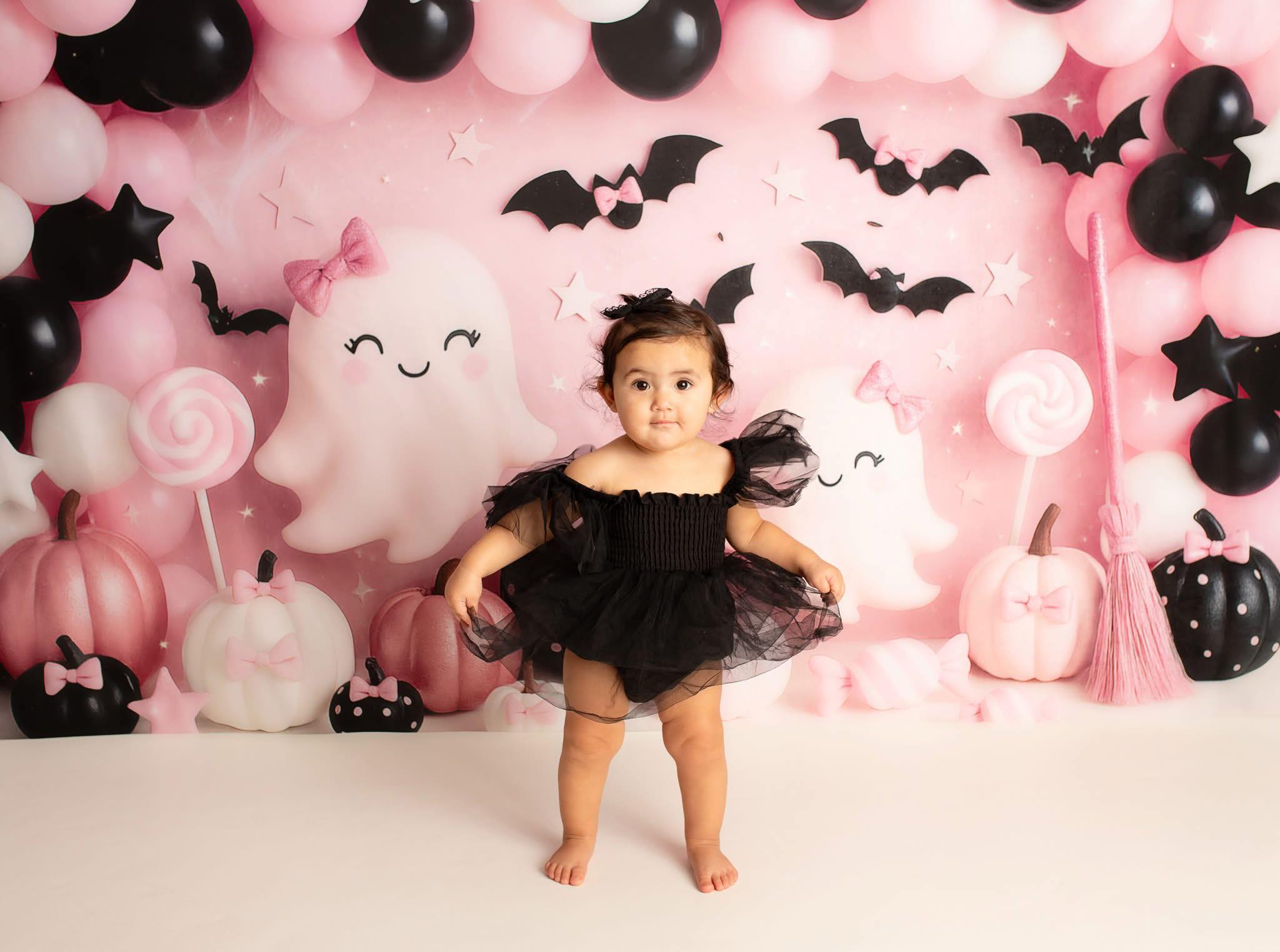 Kate Halloween Fantômes Ballons Bonbon Rose Toile de fond conçue par Ashley Paul - Kate Backdrop FR
