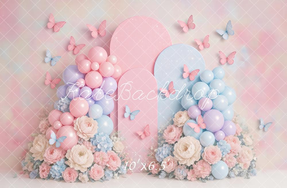 Kate Anniversaire Ballons Fleur Papillon Toile de fond conçu par Ashley Paul - Kate Backdrop FR