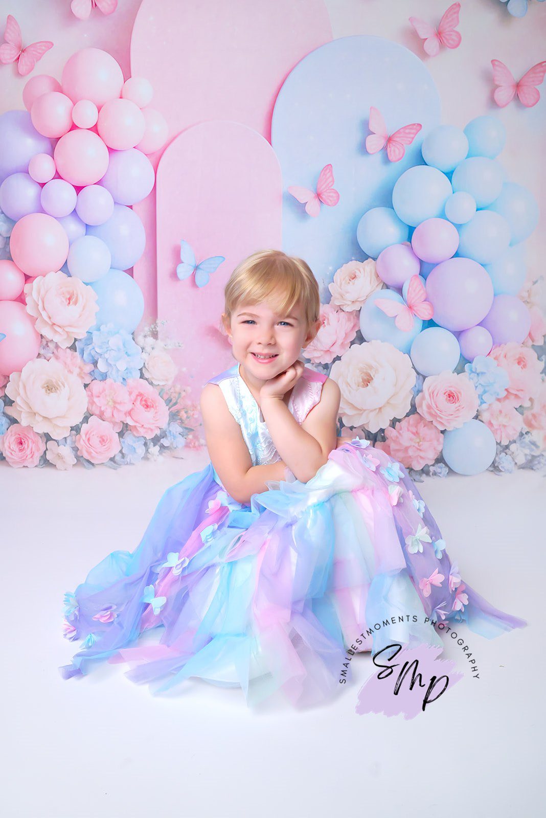 Kate Anniversaire Ballons Fleur Papillon Toile de fond conçu par Ashley Paul - Kate Backdrop FR