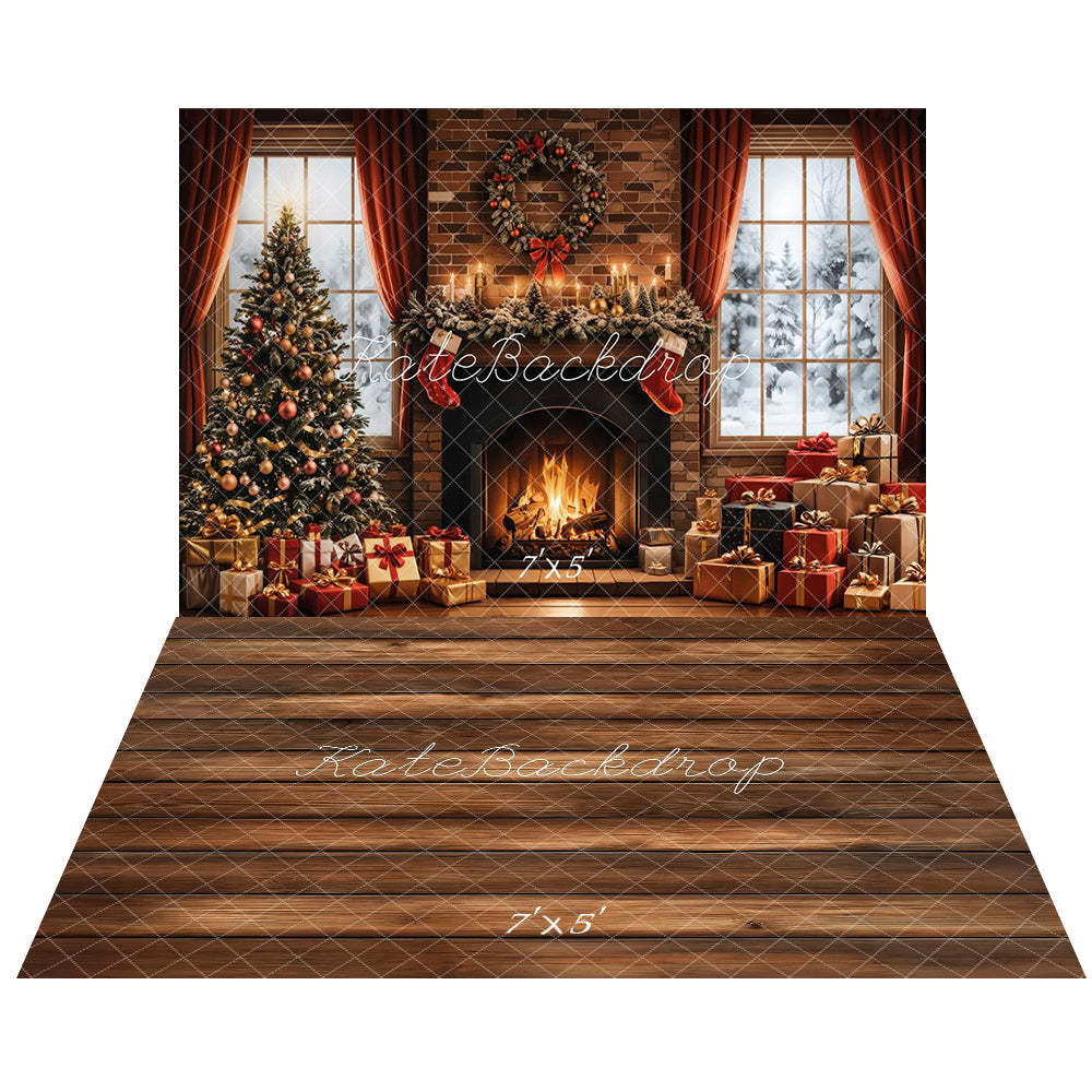 Kate Noël Cheminée Cadeaux Fenêtre Toile de fond+Bois Parquet Marron foncé Sol Toile de fond - Kate Backdrop FR