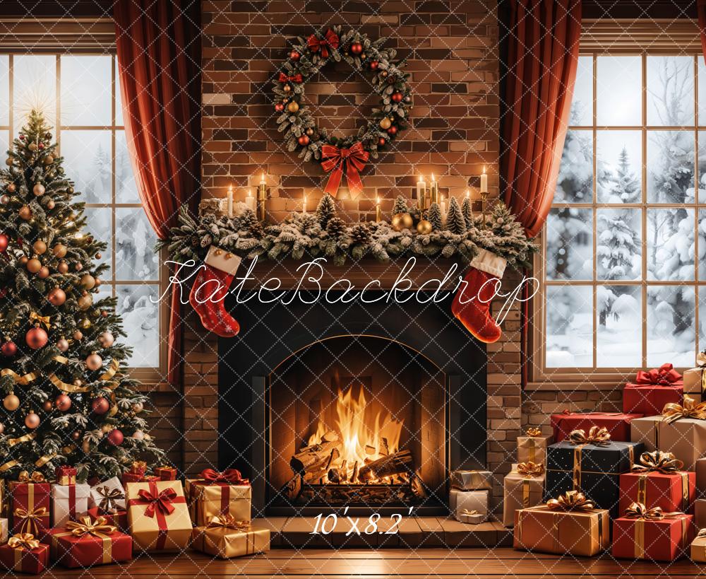 Kate Sapin de Noël Cheminée Cadeaux Fenêtre Toile de fond conçue par Emetselch - Kate Backdrop FR