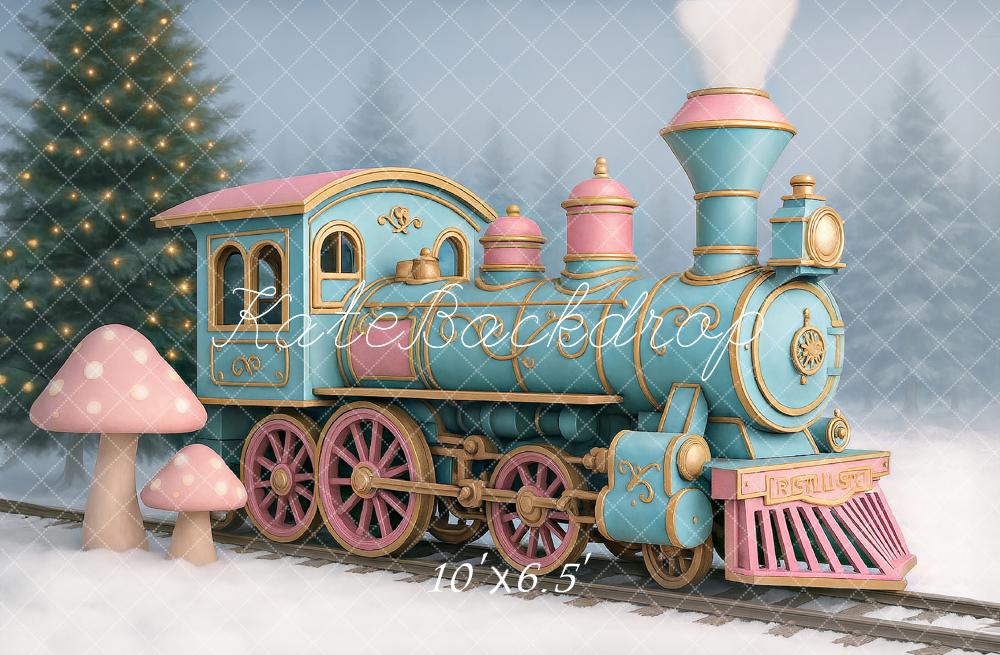 Kate Hiver Train polaire Champignon Neige Toile de fond conçu par Ashley Paul - Kate Backdrop FR