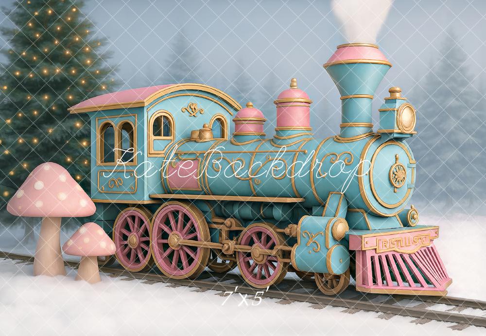 Kate Hiver Train polaire Champignon Neige Toile de fond conçu par Ashley Paul - Kate Backdrop FR