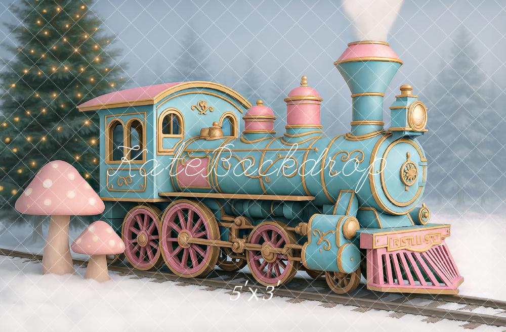 Kate Hiver Train polaire Champignon Neige Toile de fond conçu par Ashley Paul - Kate Backdrop FR