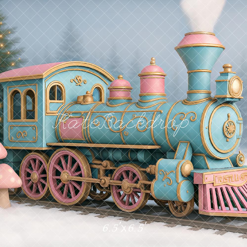 Kate Hiver Train polaire Champignon Neige Toile de fond conçu par Ashley Paul - Kate Backdrop FR
