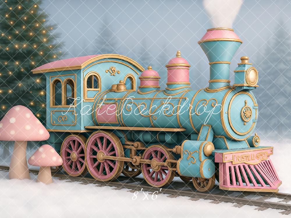 Kate Hiver Train polaire Champignon Neige Toile de fond conçu par Ashley Paul - Kate Backdrop FR
