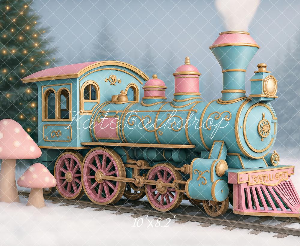 Kate Hiver Train polaire Champignon Neige Toile de fond conçu par Ashley Paul - Kate Backdrop FR