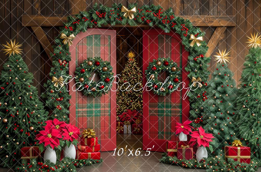 Kate Sapin de Noël Plaid Grange Porte Toile de fond conçue par Mini MakeBelieve