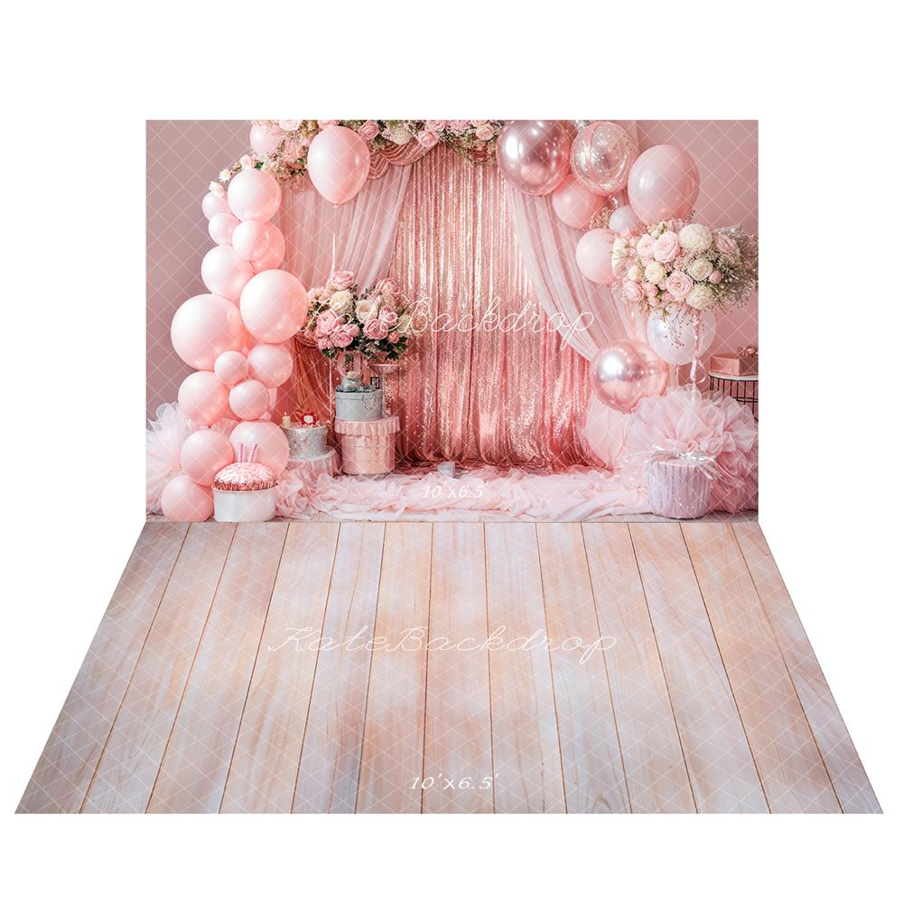 Kate Fleur Rideaux Ballon Rose Gâteau Toile de fond+Bois Rose clair Sol Toile de fond