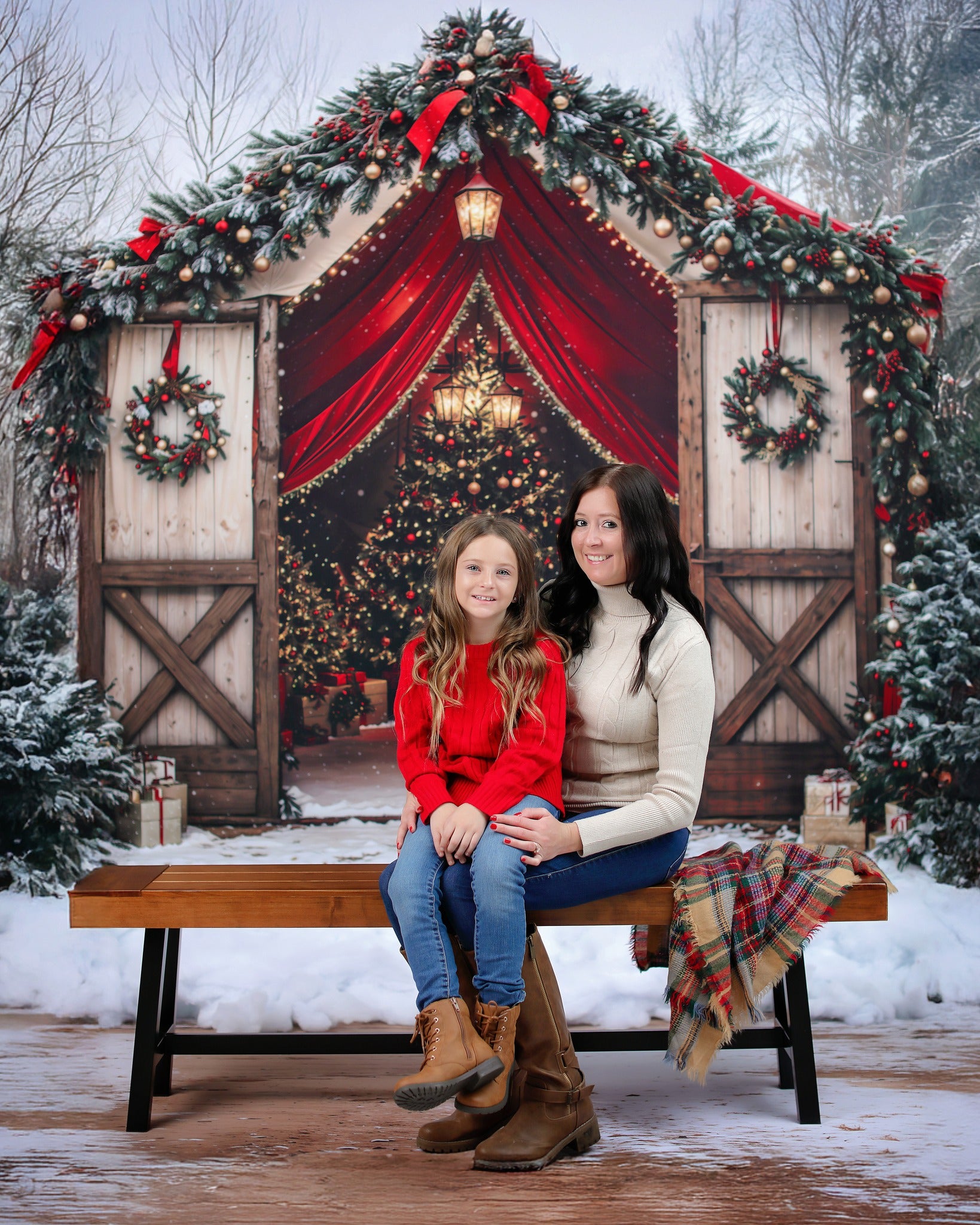 Kate Sapin de Noël Grange Neige Forêt Toile de fond conçue par Emetselch - Kate Backdrop FR