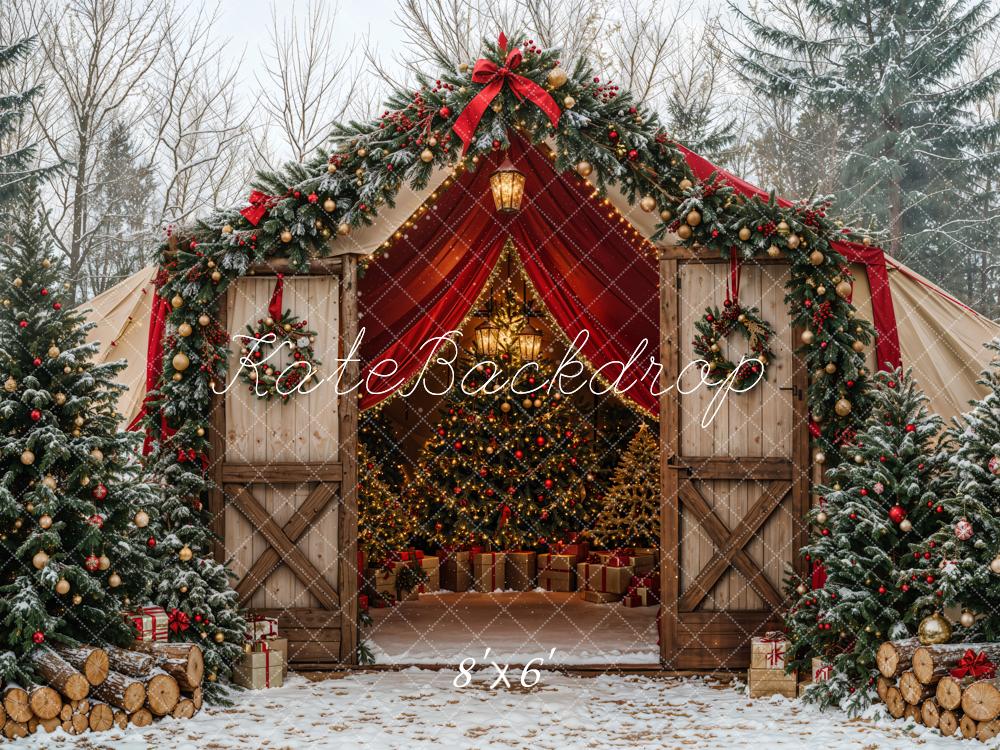 Kate Sapin de Noël Grange Neige Forêt Toile de fond conçue par Emetselch - Kate Backdrop FR