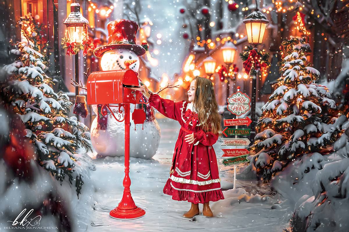 Kate Noël Bonhomme de neige Lumières Rue Toile de fond conçue par Emetselch - Kate Backdrop FR