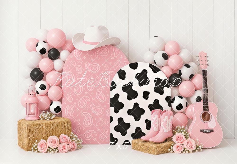 Kate Anniversaire Cow-boy Fleur Ballons Rose Toile de fond conçu par Ashley Paul - Kate Backdrop FR