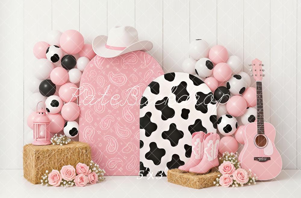 Kate Anniversaire Cow-boy Fleur Ballons Rose Toile de fond conçu par Ashley Paul - Kate Backdrop FR