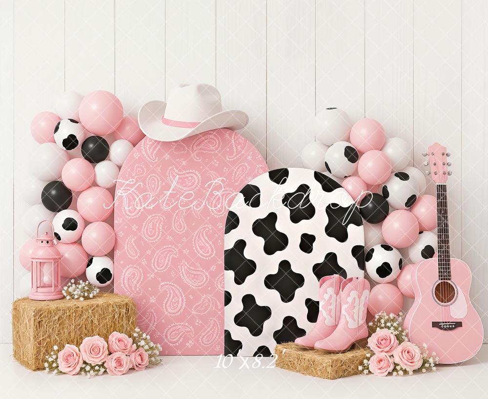 Kate Anniversaire Cow-boy Fleur Ballons Rose Toile de fond conçu par Ashley Paul - Kate Backdrop FR