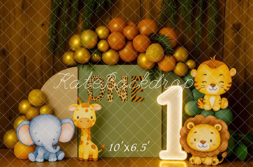 Kate 1er anniversaire Jungle Safari Animaux Toile de fond conçue par Patty Roberts - Kate Backdrop FR