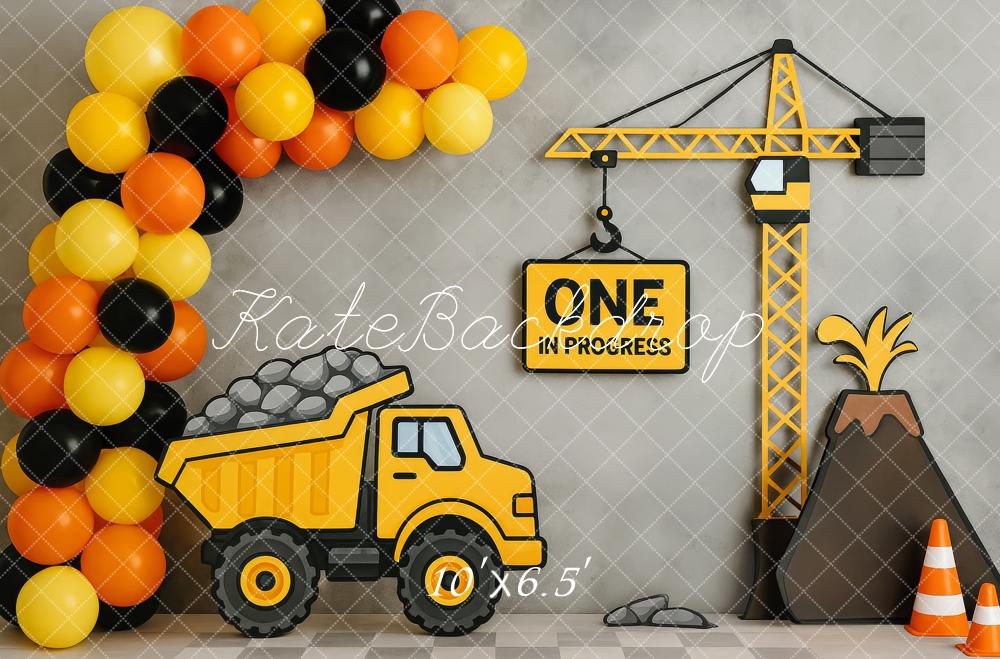 Kate 1er anniversaire Construction Camion Grue Toile de fond conçue par Patty Roberts - Kate Backdrop FR