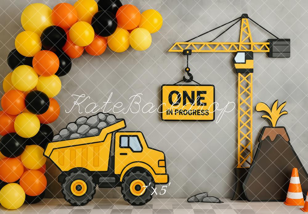 Kate 1er anniversaire Construction Camion Grue Toile de fond conçue par Patty Roberts - Kate Backdrop FR
