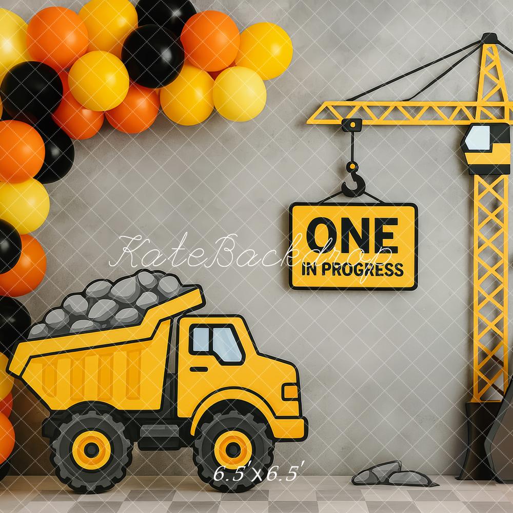 Kate 1er anniversaire Construction Camion Grue Toile de fond conçue par Patty Roberts - Kate Backdrop FR