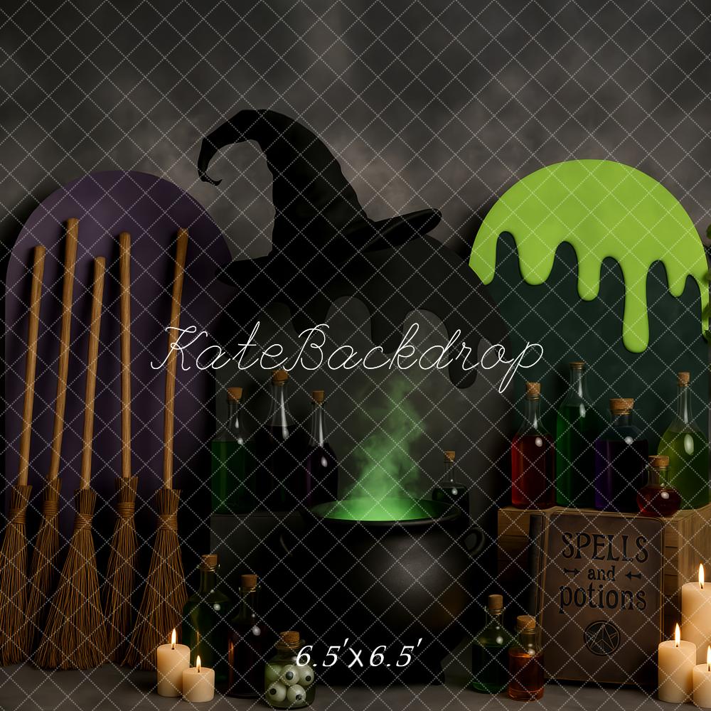 Kate Halloween Sorcière Chaudron Balai Magie Toile de fond conçue par Patty Roberts - Kate Backdrop FR