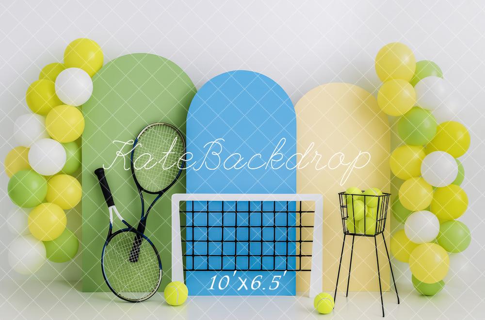Kate Anniversaire Tennis Ballons Sport Toile de fond conçue par Patty Roberts - Kate Backdrop FR