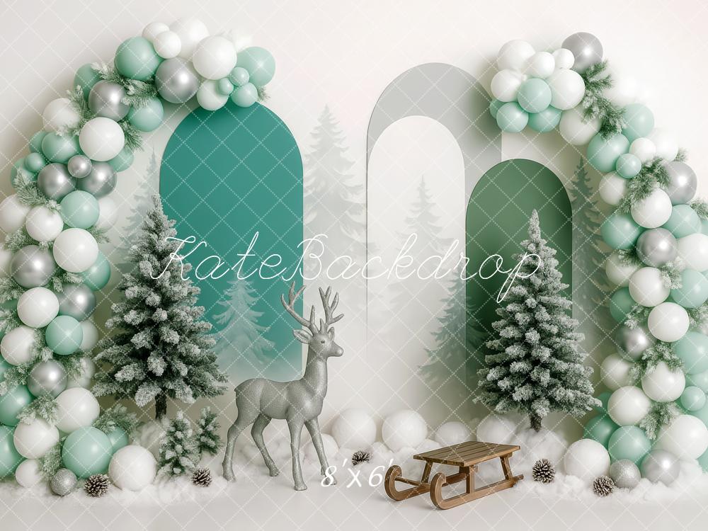 Kate Anniversaire Hiver Arbres Traîneau Ballon Toile de fond conçue par Patty Roberts - Kate Backdrop FR