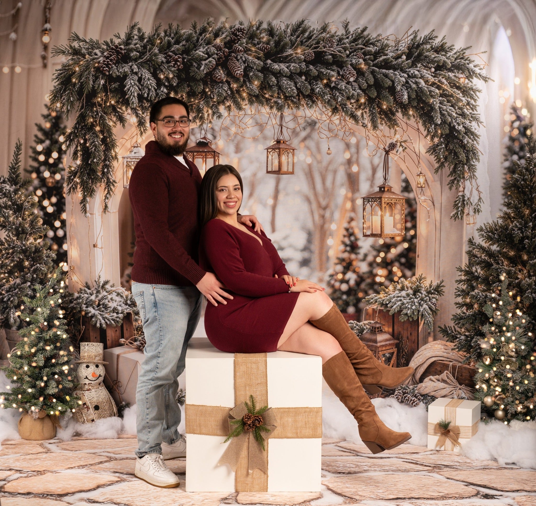 Kate Noël Arche Neige Arbres Lumière Toile de fond+Hiver Pierres Neige Sol Toile de fond - Kate Backdrop FR