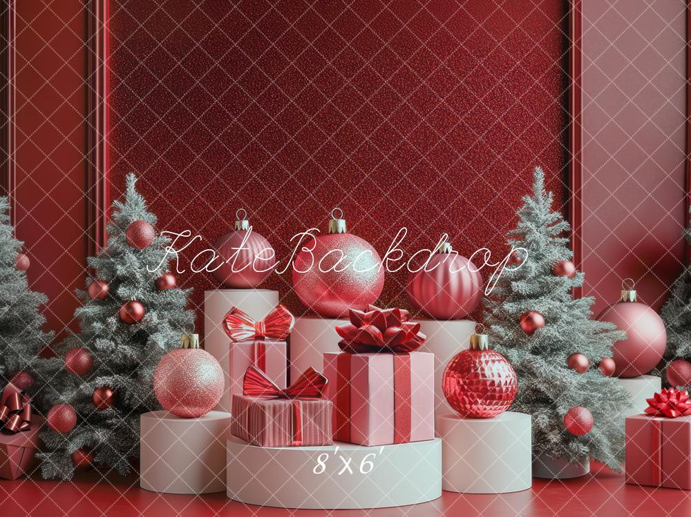 Kate Sapins de Noël Luxe Disco Cadeau Rouge Toile de fond conçue par Mini MakeBelieve - Kate Backdrop FR