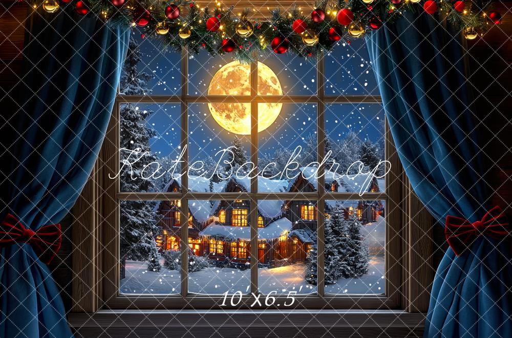Kate Noël Clair de lune Neige Fenêtre Village Toile de fond conçue par Mini MakeBelieve - Kate Backdrop FR