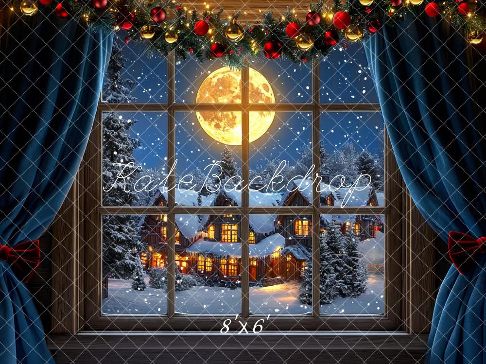 Kate Noël Clair de lune Neige Fenêtre Village Toile de fond conçue par Mini MakeBelieve - Kate Backdrop FR
