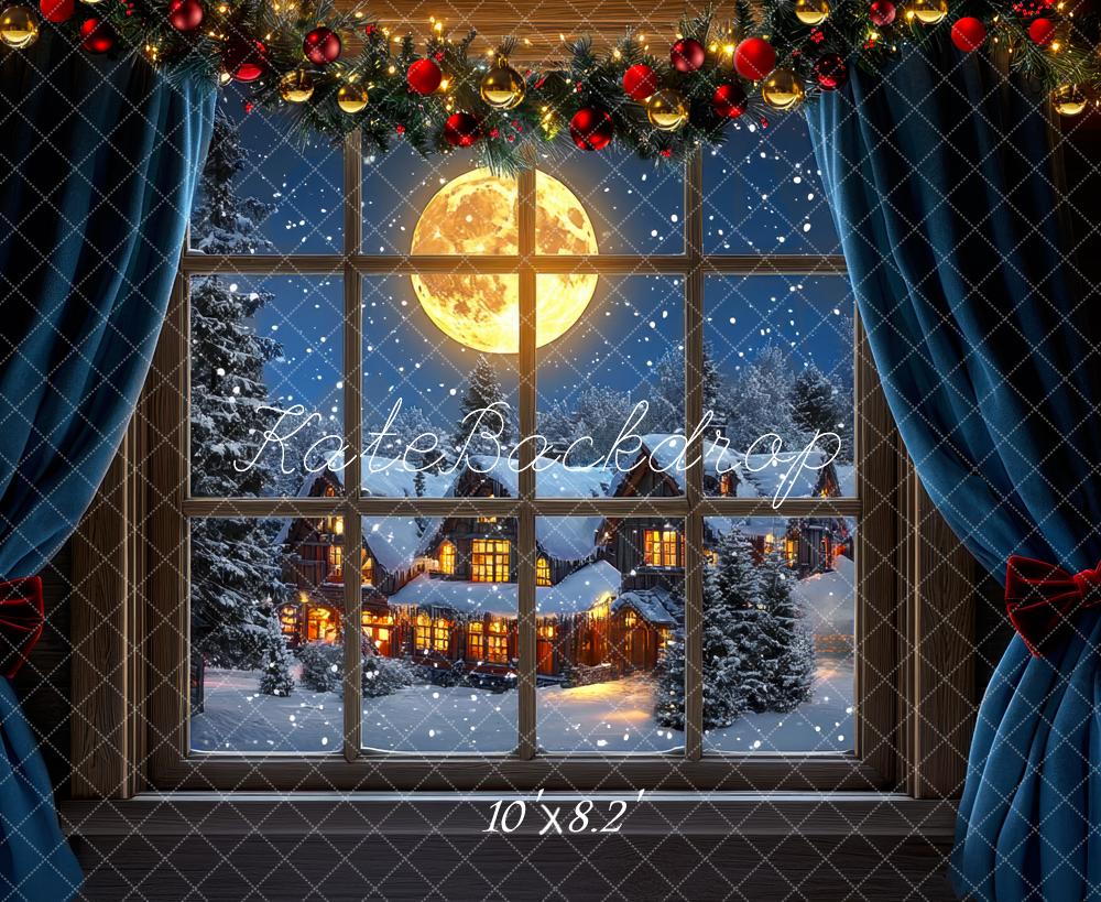 Kate Noël Clair de lune Neige Fenêtre Village Toile de fond conçue par Mini MakeBelieve - Kate Backdrop FR