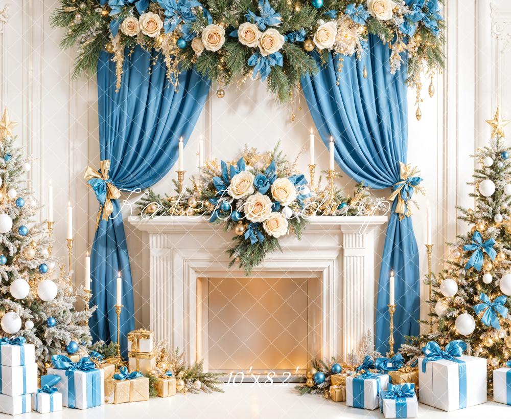 Kate Noël Rideaux bleus Cheminée Cadeaux Toile de fond conçue par Emetselch - Kate Backdrop FR