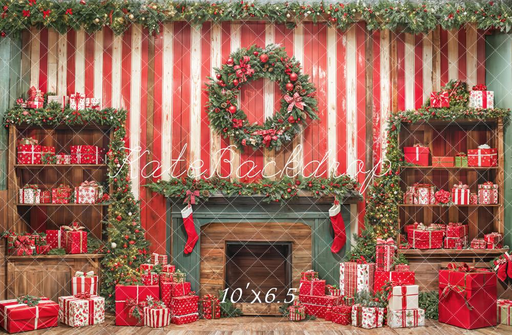Kate Noël Cheminée Rouge Mur en bois Cadeaux Toile de fond conçue par Emetselch - Kate Backdrop FR