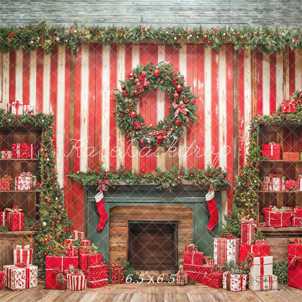 Kate Noël Cheminée Rouge Mur en bois Cadeaux Toile de fond conçue par Emetselch - Kate Backdrop FR