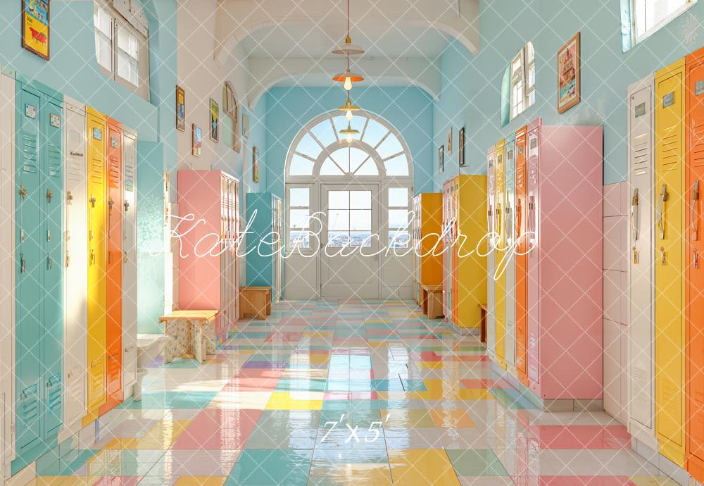 Kate Scolaire Coloré Pastel Casiers Couloir Toile de fond conçue par Emetselch - Kate Backdrop FR