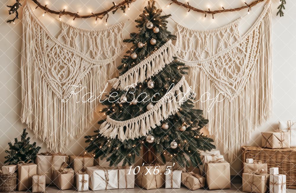 Kate Sapin de Noël Bohème Macramé Cadeaux Toile de fond conçu par Ashley Paul - Kate Backdrop FR