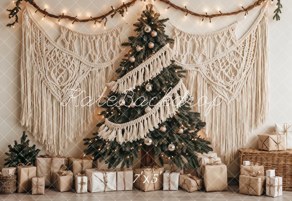 Kate Sapin de Noël Bohème Macramé Cadeaux Toile de fond conçu par Ashley Paul - Kate Backdrop FR