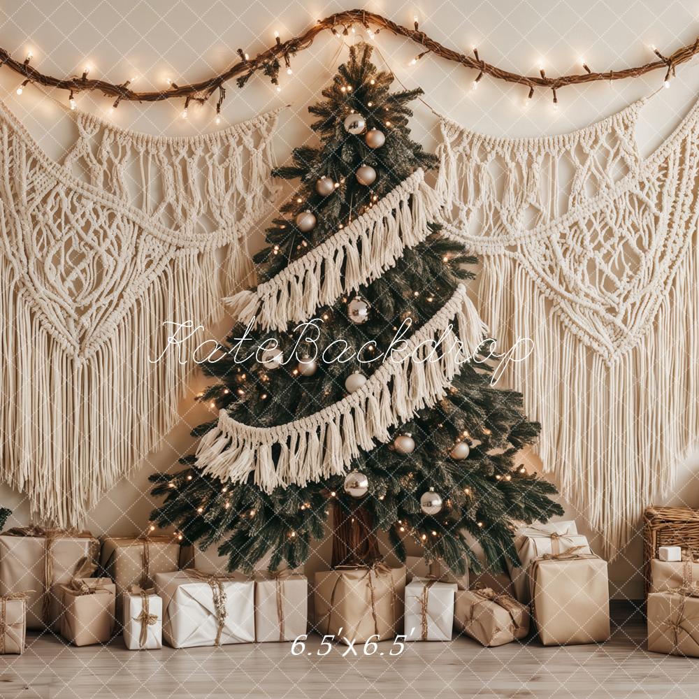 Kate Sapin de Noël Bohème Macramé Cadeaux Toile de fond conçu par Ashley Paul - Kate Backdrop FR
