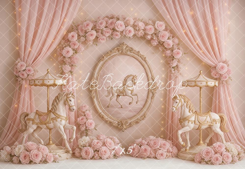 Kate Anniversaire Carrousel Rêves Rose Fleurs Toile de fond conçu par Ashley Paul - Kate Backdrop FR