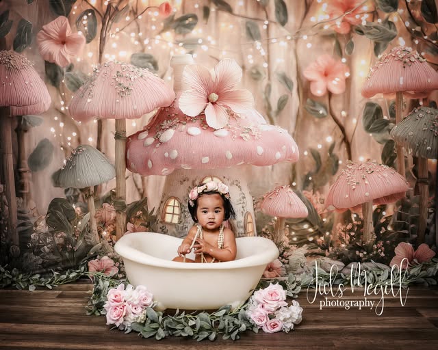 Kate Maison Champignon Rose Fée Fleur Toile de fond conçu par Ashley Paul - Kate Backdrop FR