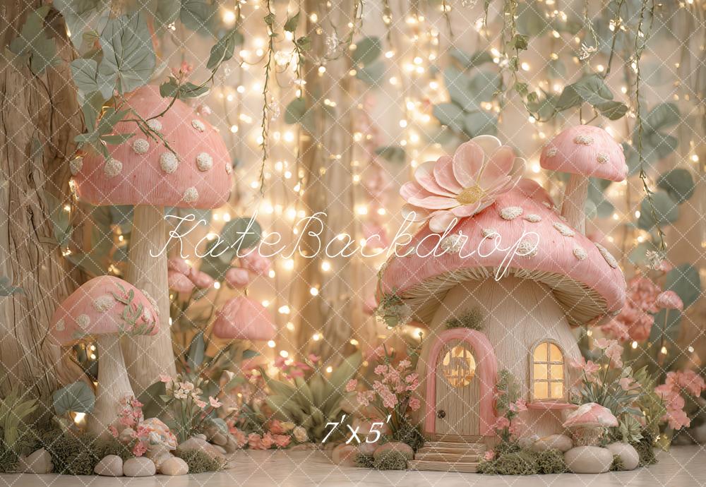 Kate Maison Champignon Rose Forêt Lumières Toile de fond conçu par Ashley Paul - Kate Backdrop FR