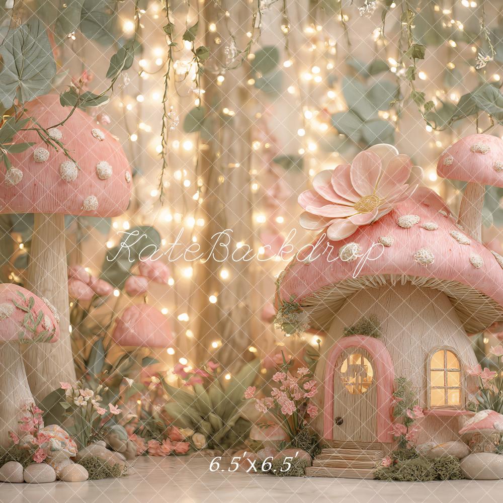 Kate Maison Champignon Rose Forêt Lumières Toile de fond conçu par Ashley Paul - Kate Backdrop FR