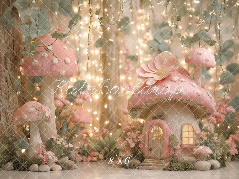 Kate Maison Champignon Rose Forêt Lumières Toile de fond conçu par Ashley Paul - Kate Backdrop FR