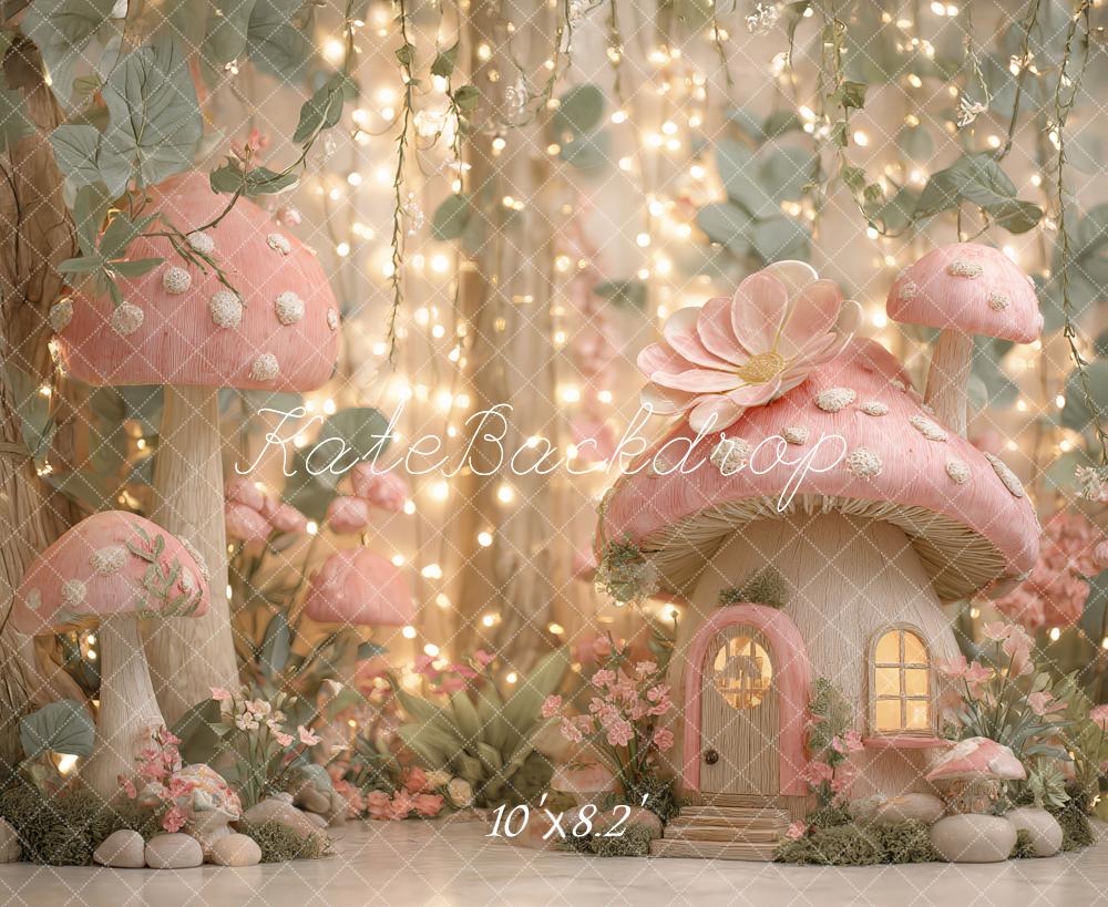 Kate Maison Champignon Rose Forêt Lumières Toile de fond conçu par Ashley Paul - Kate Backdrop FR