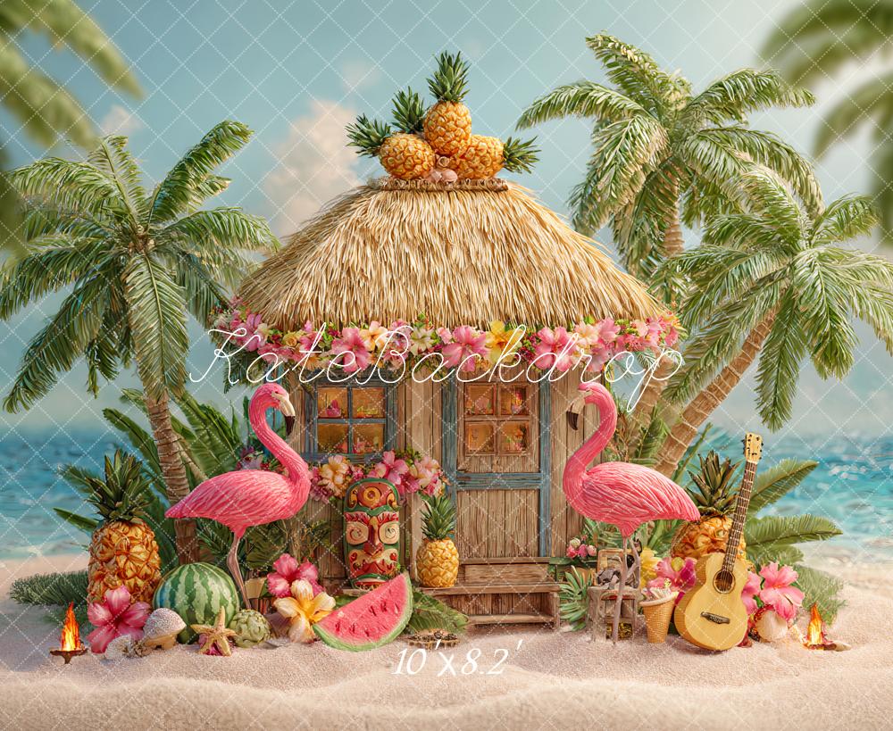 Kate Été Tropical Flamant rose Plage Toile de fond conçu par Ashley Paul - Kate Backdrop FR