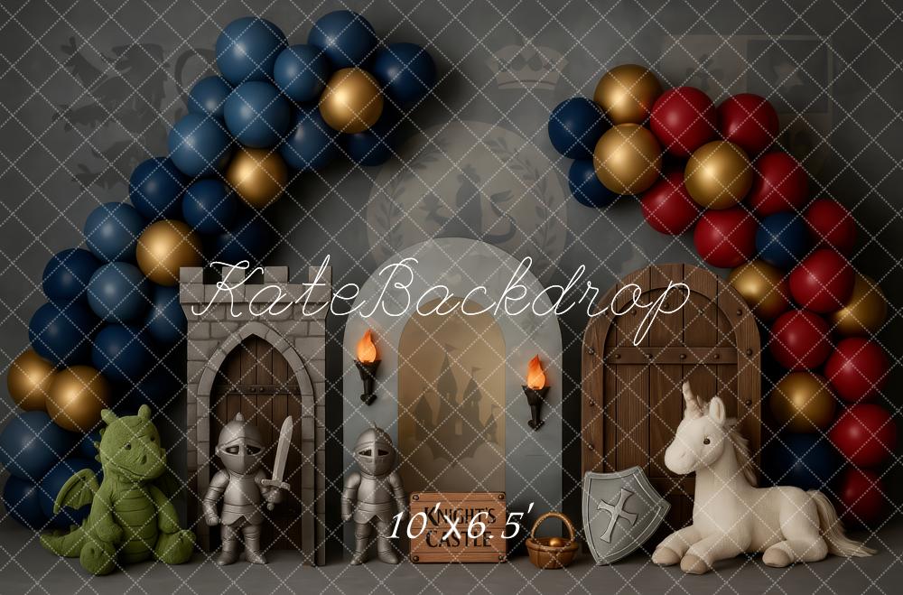 Kate Anniversaire Chevalier Château Ballon Toile de fond conçue par Patty Roberts - Kate Backdrop FR