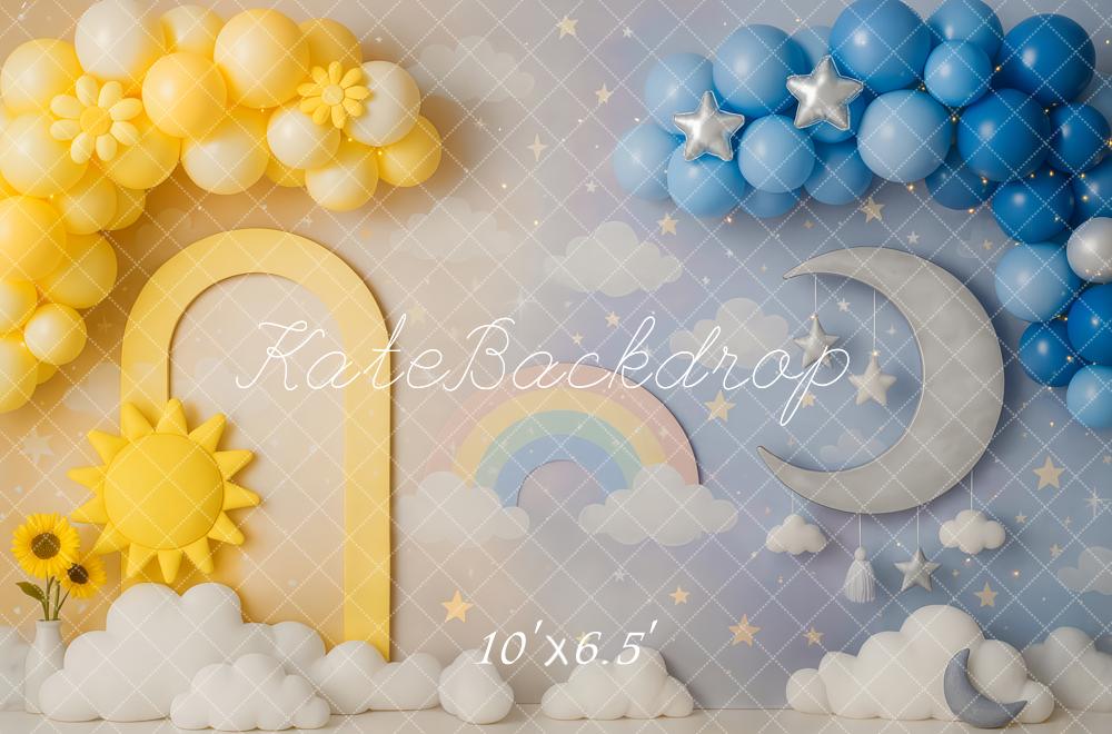 Kate Soleil Lune Arc-en-ciel Ballon Nuages Toile de fond conçue par Patty Roberts - Kate Backdrop FR