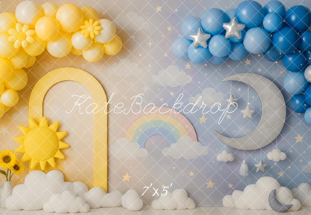 Kate Soleil Lune Arc-en-ciel Ballon Nuages Toile de fond conçue par Patty Roberts - Kate Backdrop FR