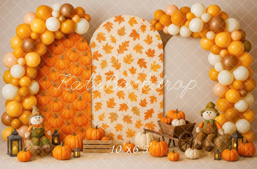 Kate Automne Citrouille Épouvantail Ballons Toile de fond conçue par Patty Roberts - Kate Backdrop FR